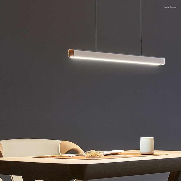 Lampade a sospensione Sala da pranzo nordica Luci a LED Cavo di legno regolabile Corpo nero bianco Cucina Caffetteria Lampade a sospensioneRettangolo