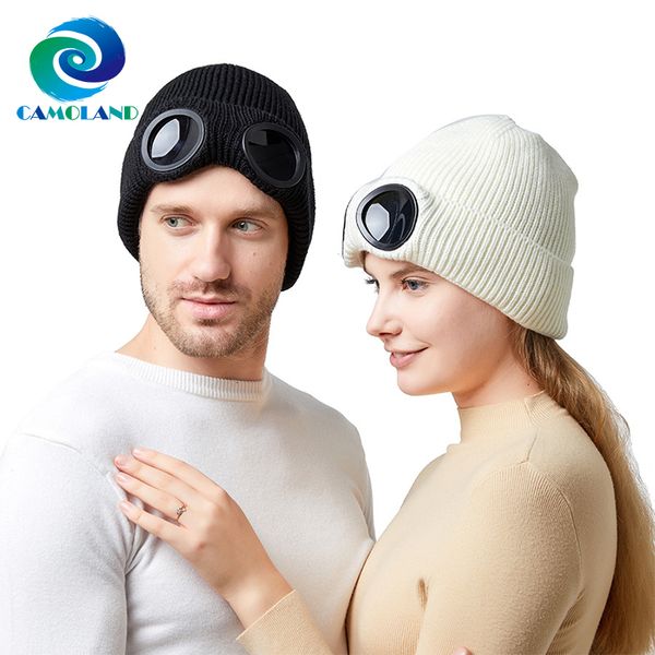 BeanieSkull Caps CAMOLAND Herbst Winter Männer Frauen Winddichte Mützen Gläser Plüsch Ski Gestrickte Hüte Warme Woll Piloten Wolle Hut 230829