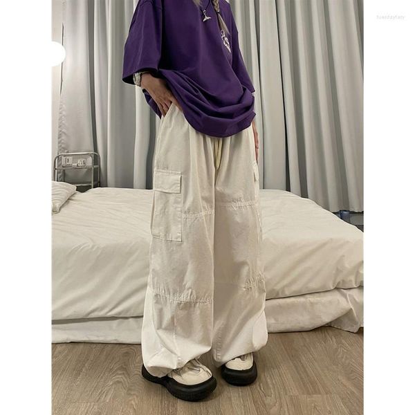 Calças femininas primavera algodão vintage macacão mulheres baggy branco elástico cintura alta hiphop casual solto perna larga calças de comprimento total homens