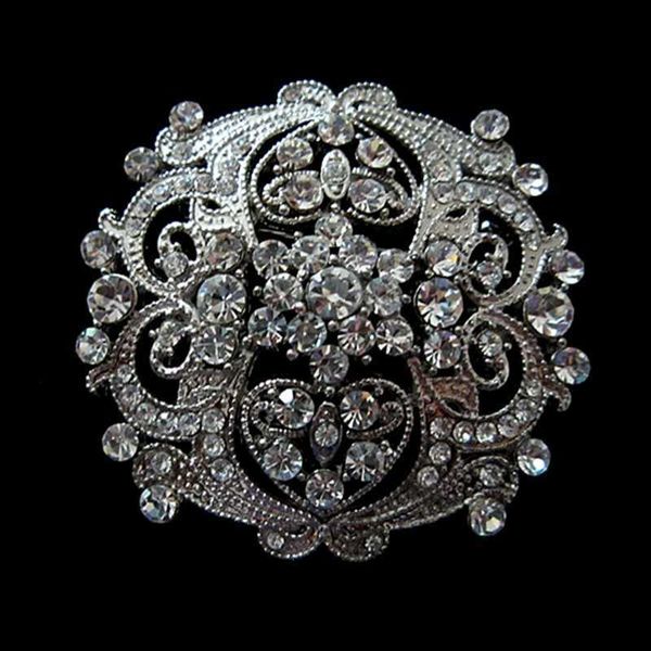 Broche de flor grande de cristal de strass transparente prateado vintage para casamento