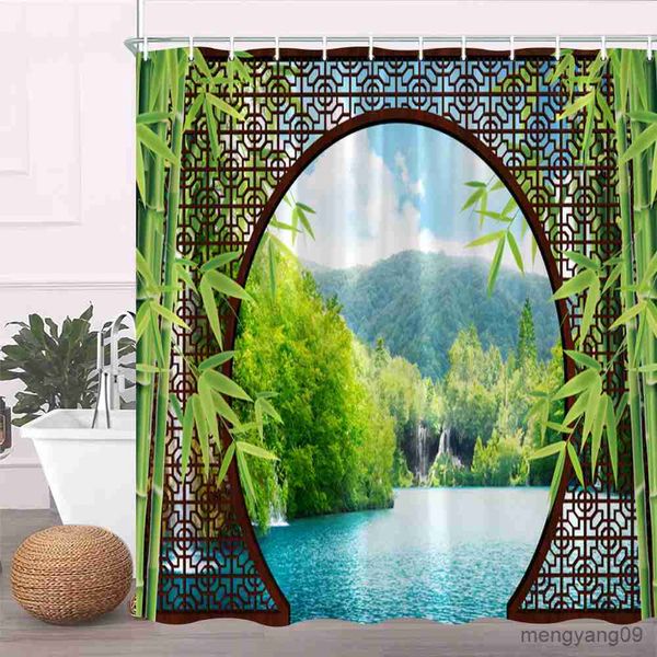 Cortinas de chuveiro 3D chinês cortina de chuveiro antigo tela arco flor cenário banho decoração tecido pendurado cortinas acessórios do banheiro conjunto R230830