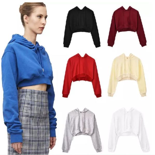 Crop Hoodies für Damen, solides Kapuzen-Sweatshirt für Damen, langärmelig, sexy kurzes Crop-Top, Kapuzenpullover