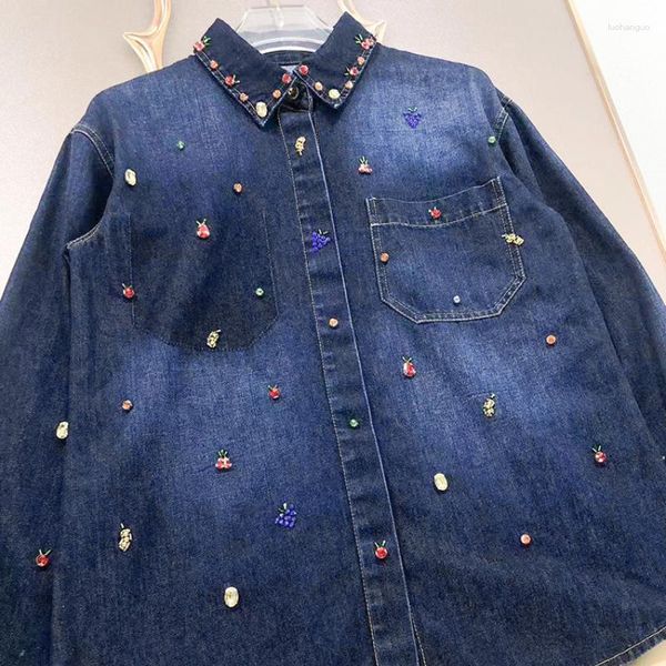 Camicette da donna Designer Brand Donna Blue Jean Top Cappotto Camicia casual allentata occidentalizzata con diamanti intarsiati 2023 Autunno