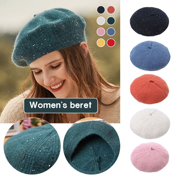 Berets moda lantejoulas mulheres cor lisa malha boina chapéu senhora artista francês beanie reino unido outono inverno casual quente lã 230830