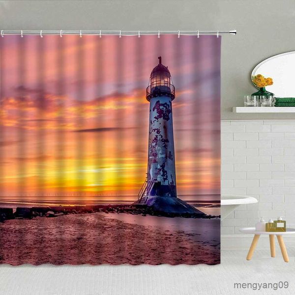 Cortinas de chuveiro 3D Impressão Mar Farol Pássaro À Prova D 'Água Cortina de Chuveiro Conjunto Tecido de Alta Qualidade Banheira Decoração Tela de Banho com R230830