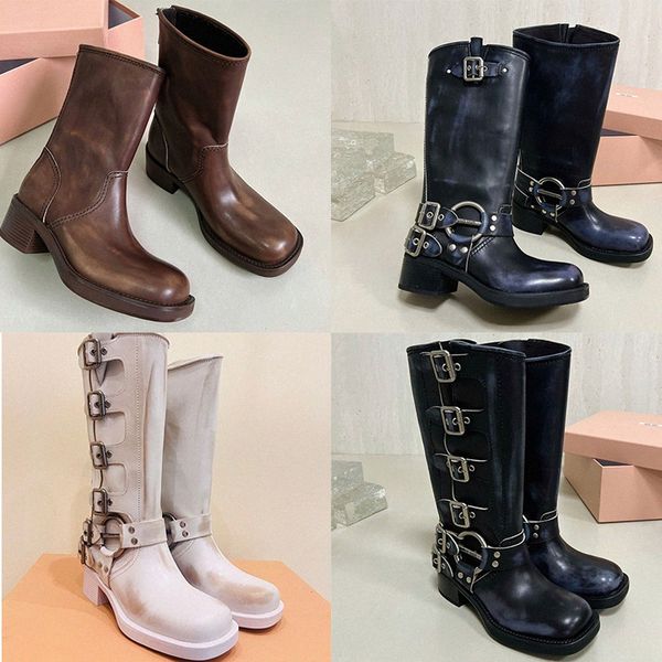 Harness Belt Buckled Boots Couro Biker Joelho Chunky Heel Zip Knight Botas Moda Square Toe Ankle Booties para Mulheres Designer Sapatos Fábrica F H03G #