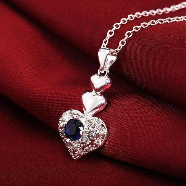 Подвесные ожерелья мода роскошь 925 штамп серебряный цвет ожерелье для женщин -ювелирных украшений Классическое голубое хрустальное сердце подарки на день рождения свадебная вечеринка