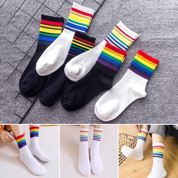 Mulheres meias 1 par moda meados tubo listrado lgbt gay orgulho engraçado streetwear esportes coloridos