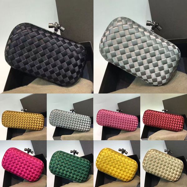 Nó Minaudiere Bolsa de Noite Foulard Intreccio Bolsas de Embreagem de Couro Muse Acabamento de Latão Luxo Designer Mulheres Silk Weave Stretch Caixa Mão Capturada Nó Embreagens Carteiras