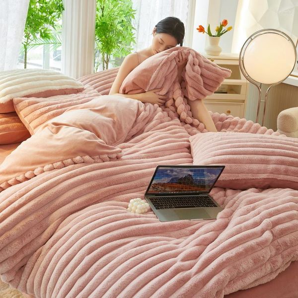 Bettwäsche-Sets Luxus-Kunstpelz-Samt-Fleece-Set Nachahmung Flauschiger weicher Bettbezug Tröster Decke Bettlaken Kissenbezüge
