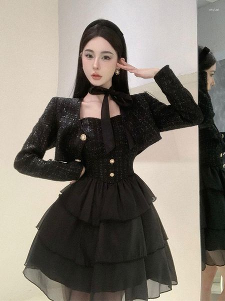 İş Elbiseleri Kadınlar İçin 2 Parça Set Set Etek Kıyafetler Kırpılmış Ceketler Tatlı Yay Sırtsız Takım Vintage Tüvit Moda Siyah Setler