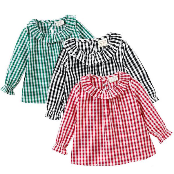 Kinder Shirts Sommer Frühling Baby Mädchen Bluse Baumwolle Top Peter Pan Kragen Plaid Kleinkind Mädchen Hemd Kleidung Kleidung Mädchen Kleinkind 1-5Y 230830