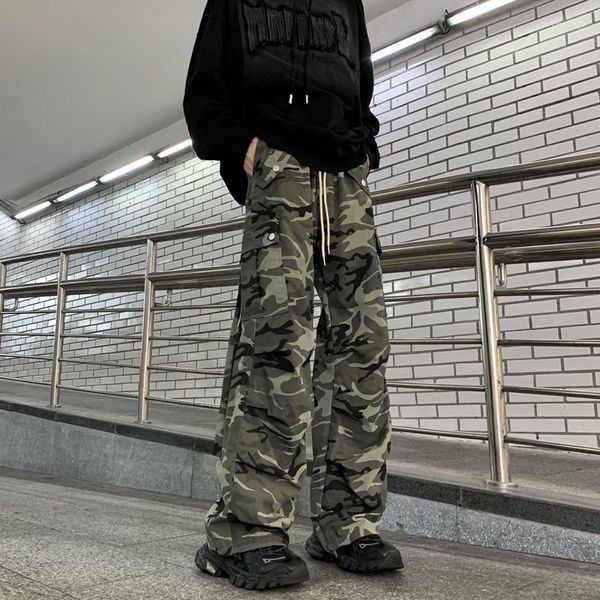 Calças masculinas 2023 streetwear moda casual solto camuflagem cintura alta elástica perna larga roupas coreanas calças esportivas