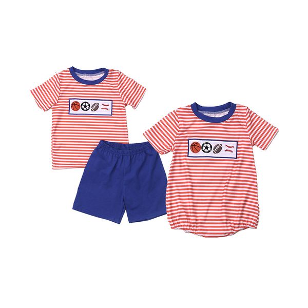 Kleidungssets Ropa Baby Baumwolle Kurzarm Rotes T-Shirt Set Rundhalsausschnitt Vier-Ball-Stickerei Jungenoberteil Kleidung und blaue Shorts Anzug Strampler 230830