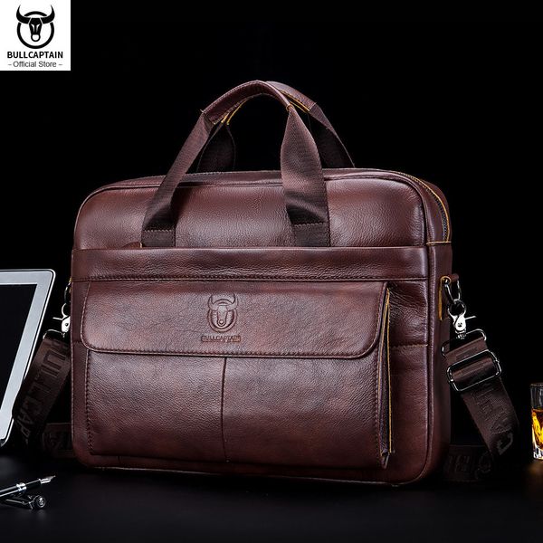 Pastas BullCaptain Men's Bag Genuine Leather Men Briefcase para Laptop 14 Messenger Men's Leather Bag Business Portfolio para Documento A4 230830