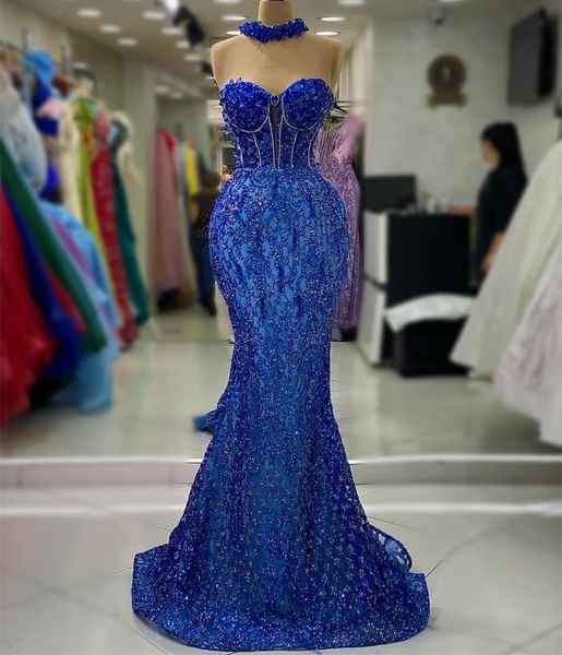 2023 Aso ebi Arabic Royal Blue Romaid Prom Платье кристаллы с блестками