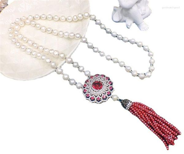 Colares Pingente Habitoo Natural 10-11mm Branco Pérola de Água Doce Colar Longo 26 Polegada Flor de Cristal Vermelho Cubic Zircon Tassel Jóias Presente