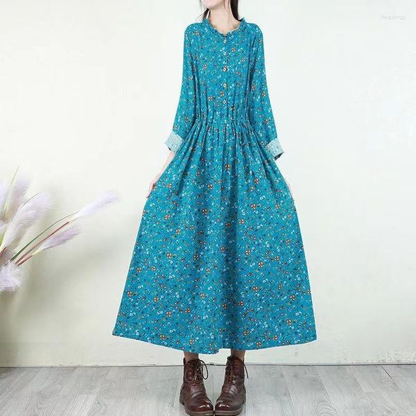 Vestidos casuais primavera e outono tamanho grande estilo literário cintura elástica fragmentada flores comprimento médio vestido fino mulheres uma linha