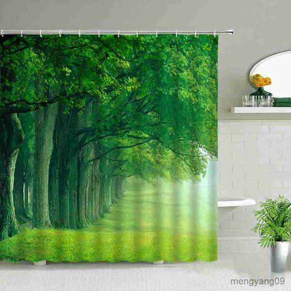 Duschvorhänge, Waldlandschaft, Duschvorhänge, Baum, Wasserfall, Berglandschaft, wasserdicht, Badezimmer-Vorhang-Set, Badewannen-Dekor, Tuch mit R230831