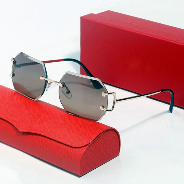 Óculos de sol hexagonais Moda feminina designer diamante corte óculos de metal sem aro azul cinza tipo de peça retangular com caixa original óculos de sol de grife masculino simples