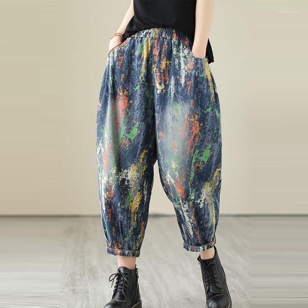 Frauen Jeans 2023 Frühling Sommer Kunst Stil Frauen Elastische Taille Gemalt Druck Baumwolle Denim Harem Hosen Alle-Matched Casual lose C773