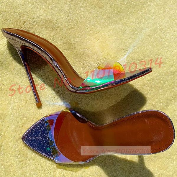 Chinelos de metal pontudo pvc salto alto mules mulheres banhado a dedo do pé elegante lindo sapatos de verão senhora roupa de férias luxo bonito