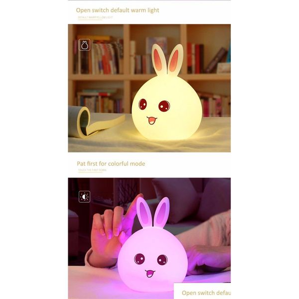 Nachtlichter Neue Stil Kaninchen Led-Licht Für Kinder Baby Kinder Nachttischlampe Mticolor Sile Touch Sensor Tap Control Nachtlicht Drop Del Dhm1E