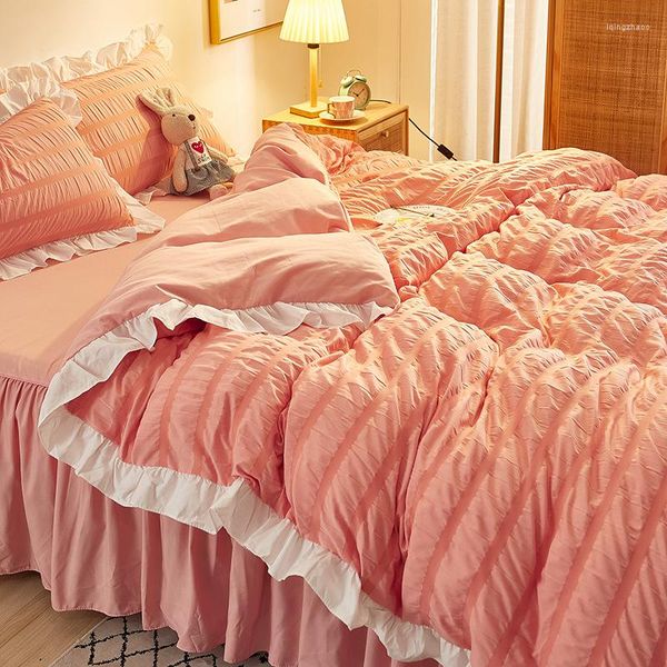 Set biancheria da letto 4 pezzi Set seersucker bianco stile principessa Copriletto trapuntato in pizzo Copripiumino in cotone lavabile Senza piumino