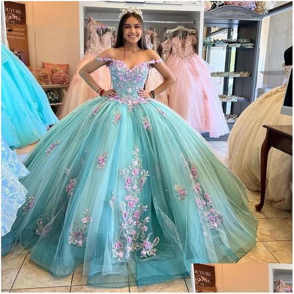 Quinceanera Vestidos Princesa 3D Flores 2023 Off Shoder Apliques Beads Lace-Up Mexi Sweet 16 Vestido Vestidos de 15 Anos Drop Delivery Dhxow