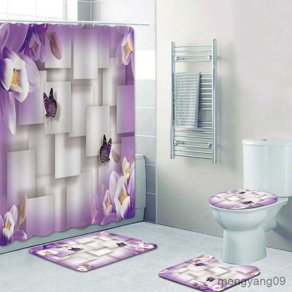 Tende da doccia Bouquet di fantastici fiori bianchi Tenda da doccia stile 3D Tende da bagno floreali con tappeti da bagno Set di tappeti Decorazioni per la casa R230830