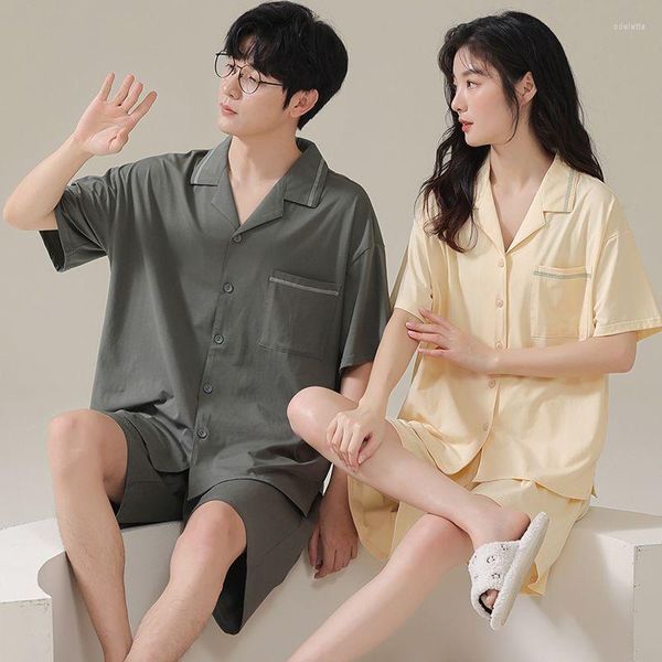 Homens sleepwear verão casal pijamas homens e mulheres modais modelos de seda de algodão tamanho grande shorts de manga curta conjunto de roupa interior feminina