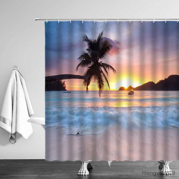 Tende da doccia Sunny Ocean Beach Scenery Tende da doccia Albero di cocco Conchiglia Onde del mare Nave Bagno Schermo Tessuto Bagno Decorazioni per la casa Set di tende R230830