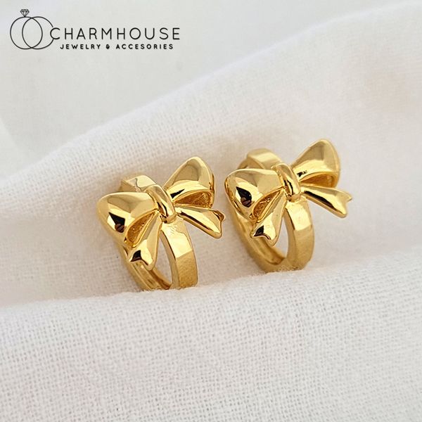 Orecchini a cerchio piccoli con perno 24K placcato oro giallo Bowknot polsino dell'orecchio Set di orecchini da donna Brincos Pendientes Mujer Regali di gioielli da sposa 230830