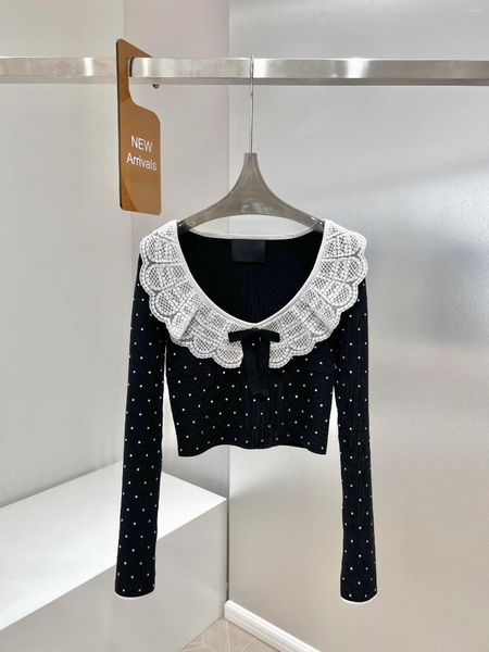 Maglioni da donna Top da donna 2023 moda primaverile maglia maglione nero dolce ragazza fiocco in pizzo maglione corto punto