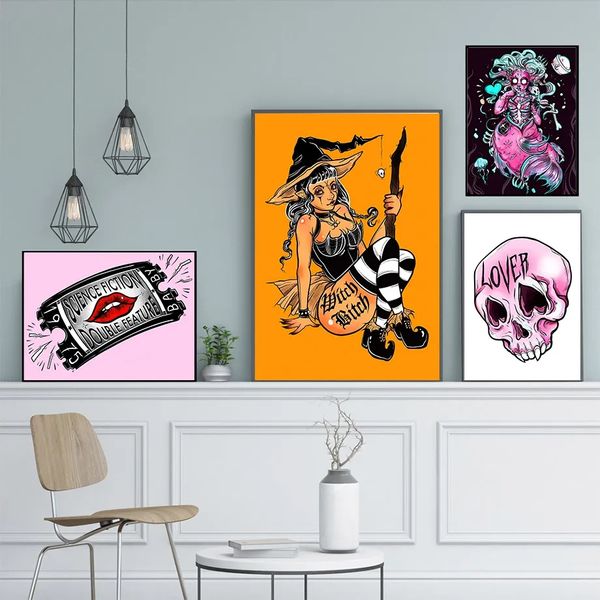 Pintura em tela goth bruxa tatuagem amante crânio halloween posters e impressões arte da parede nordic parede fotos para sala de estar decoração do quarto sem moldura wo6