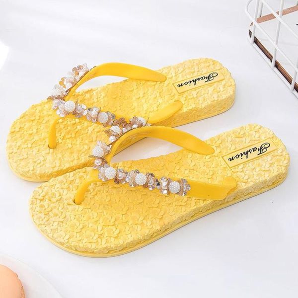 Chinelos moda frisado lantejoulas mulheres antiderrapante sapatos de verão ao ar livre massagem plana praia flip-flops sandálias femininas ks390