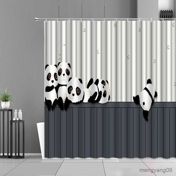 Duschvorhänge, Cartoon-Panda-Duschvorhang, niedliche Tiere, Pandas, grüne Bambuspflanzen, bedruckt, Badvorhänge, Kinderzimmer, Badezimmer, Dekor, wasserdicht, R230831