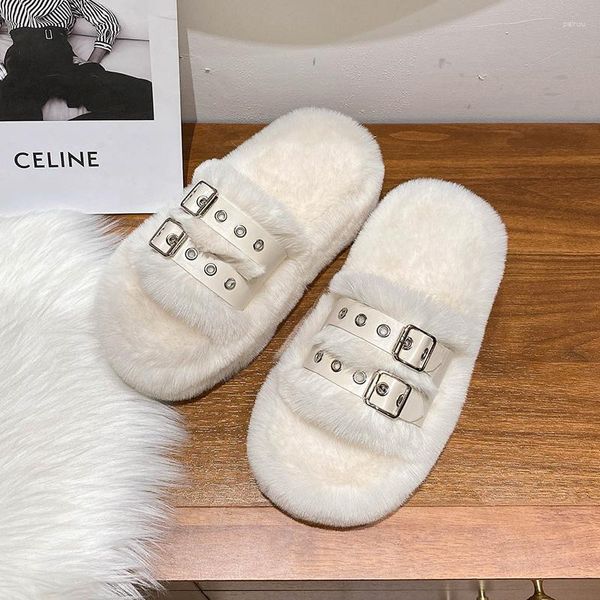 Pantofole 2023 cotone con suola spessa per le donne che indossano scarpe da donna vintage con fibbia per cintura alla moda in autunno e inverno