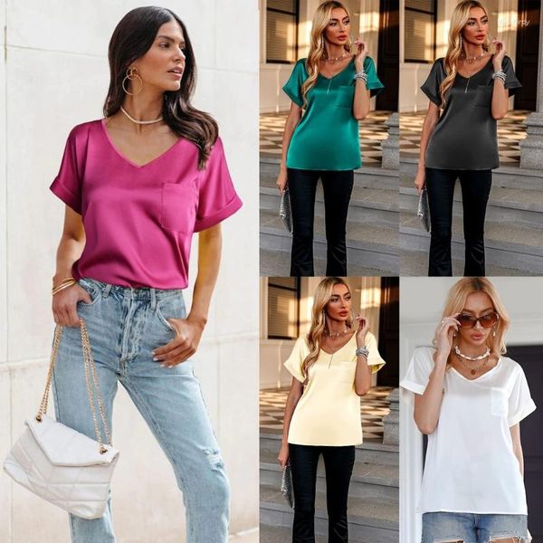 Damen-T-Shirts, Damen-Sommer-Roll-Up-Kurzarm-Satinblusen, sexy V-Ausschnitt, Vordertasche, einfarbig, lässig, lockere Tunika-Tops, T-Shirts