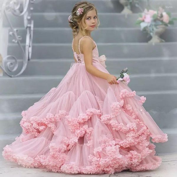 Abiti da ragazza Fiore formale rosa Bambini per matrimonio Gonne a strati Abiti da spettacolo per bambini Tulle con perline Prima comunione