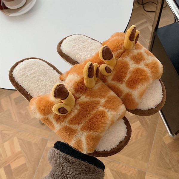 Pantofole Bella Scarpa Invernale Coperta Caldo Cotone Punta Chiusa Casa Cartone Animato Giraffa Peluche Una Parola Chinelos Planos 230830