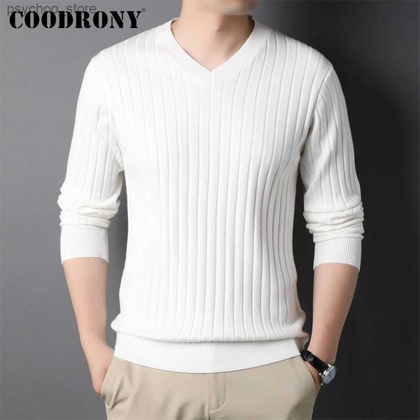 Coodrony Marka Bahar Sonbahar Erkek Yeni Gelişler Moda Örgü Sweaters Sıradan Düz Renk Erkekleri Yumuşak Sıcak V Yastık kazakları W1019 Q230830