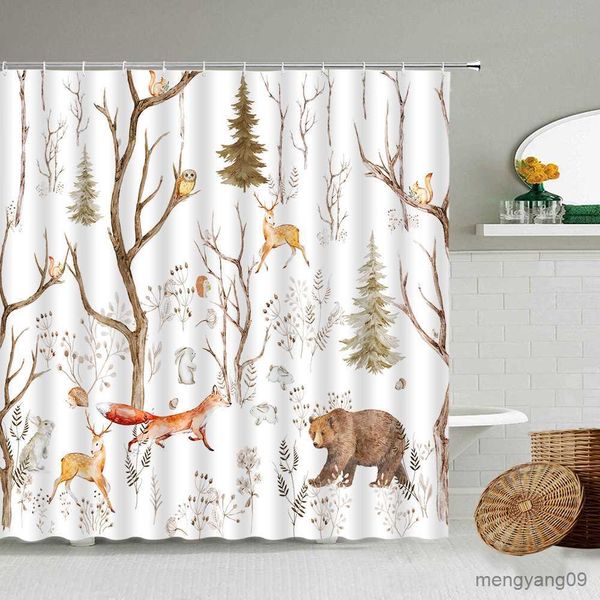 Cortinas de chuveiro Floresta Animais Cortinas de Chuveiro Pássaro Rena Raposa Esquilo Urso Vida Selvagem Plantas Pintura Decoração de Casa Conjunto de Cortina de Banheiro R230830