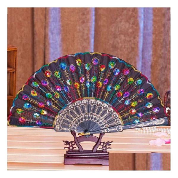 Festa Favor Chinês Dança Clássica Dobrável Fan Elegante Colorf Bordado Flor Pavão Padrão Lantejoulas Feminino Plástico Portátil Fa Dhhuc