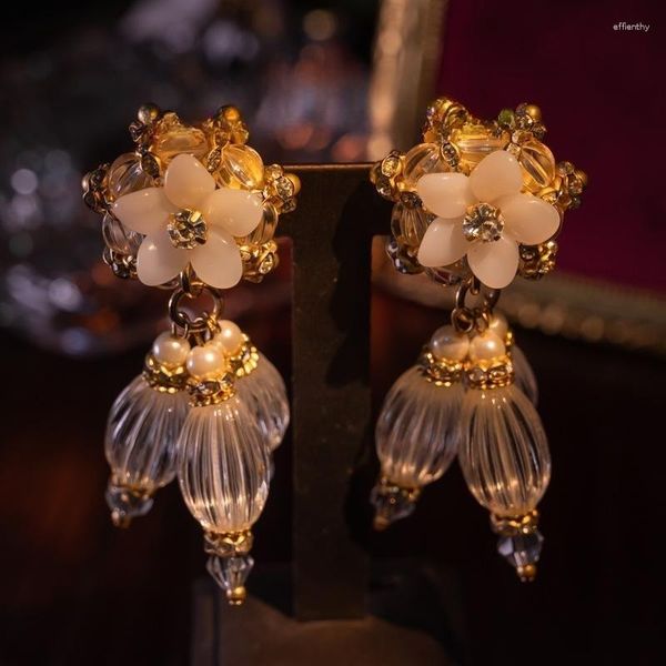Brincos traseiros francês vintage puro feito à mão em vidro gelatinoso feminino flor clipe joia