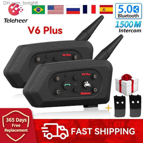 Teleheer V6 Plus + capacete de motocicleta interfone fone de ouvido Bluetooth à prova d'água com 1500M BT 5.0 comunicador de interfone para 6 pilotos Q230830