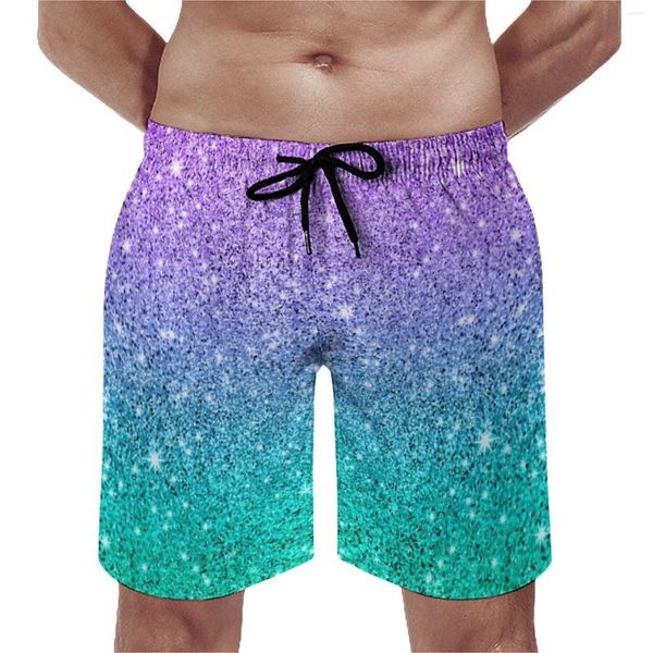 Herren Shorts Board Sommer Lila und Grün Glitzerdruck Laufen Surfen Strand Männer Schnell trocknend Niedliches Design Badehose