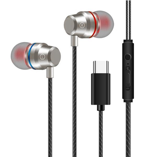 Fones de ouvido intra-auriculares tipo C com fio de metal subwoofer Fones de ouvido musicais com microfone para jogos Fones de ouvido para Xiaomi Samsung Huawei Celular Computador Tablet Varejo