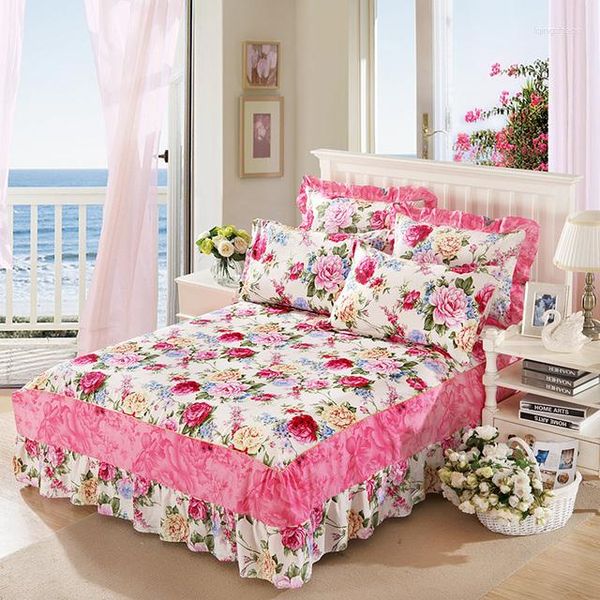 Bettrock Baumwolle Blumen Rüschen Tagesdecke Flachbettlaken Matratzenbezug Prinzessin Bettwäsche Kissenbezug Mehr Farbe