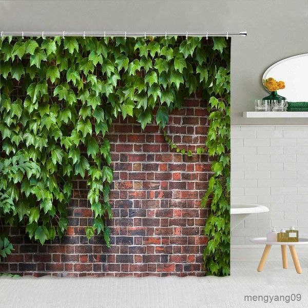 Duschvorhänge Rose Brick Wall Duschvorhang Blumen Schmetterling Grüne Ranken Pflanzen Stoff Badezimmerzubehör mit Stoffvorhängen R230830